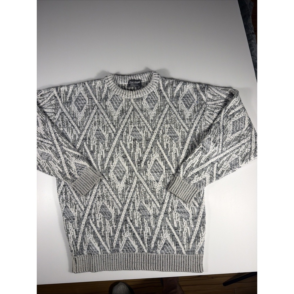 Ellis Island Vintage Mens Med Grey Geometric Knit Crewneck Sweater Made in USA